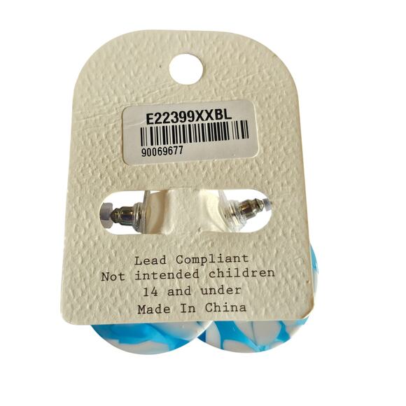 Blue White Resin Hoop Earrings Marbled Acrylic 1.16" Chunky Pierced w/ Gift bag - Picture 4 of 7